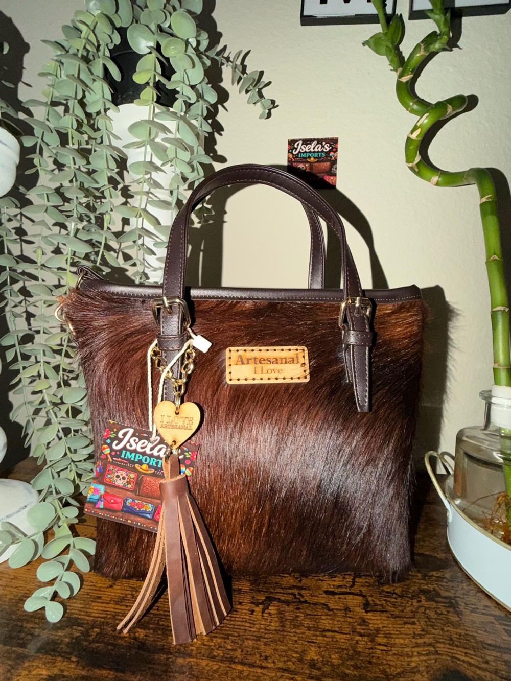 Brown Hair-On mini Tote with Tassel